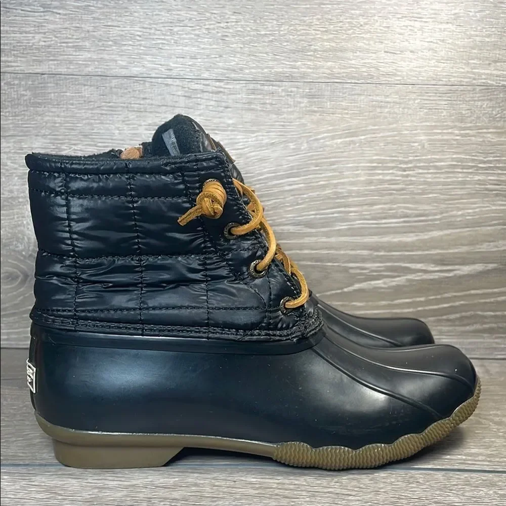 Sperry Top Sider Saltwater Black Quilted Women’s Sz 8 Tan Rubber Rain Duck Boots